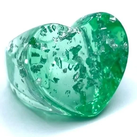 Green Acrylic with Embedded Silver Leaf Heart Shape Chunky Ring Size 8