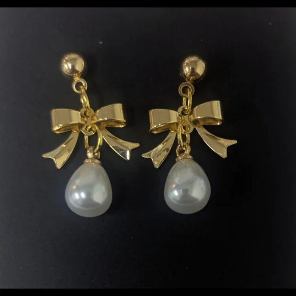 14K Gold Plated Bow Pearl Dangle Earrings, Faux Pearl Earrings