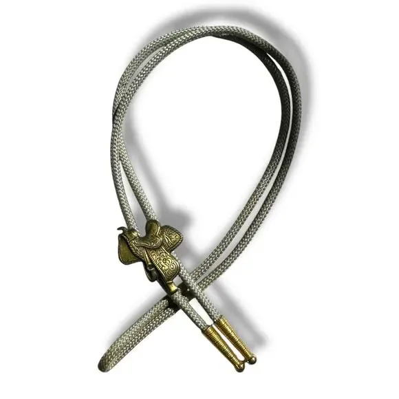 Vtg Bolo Tie Horse Saddle Metal Ends Nylon Cord Necklace Western Rodeo Cowboy