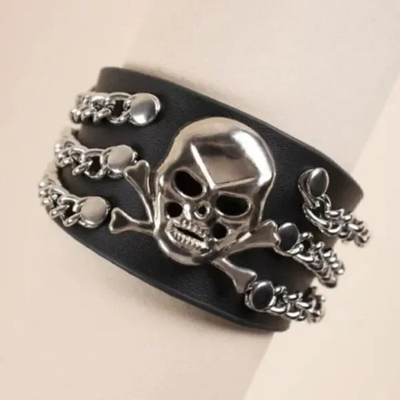 Black Leather Silver Skull Cross Bones Chain Wristband