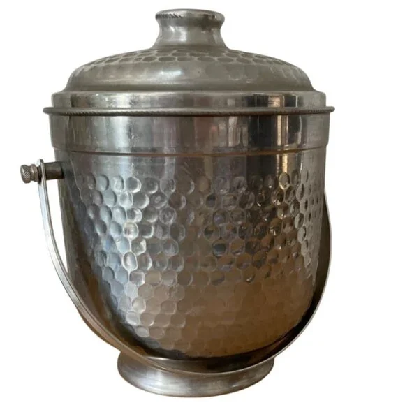 Vintage MCM Ice Bucket Nasco Italy Hammered Aluminum w Lid & Handle Retro Decor