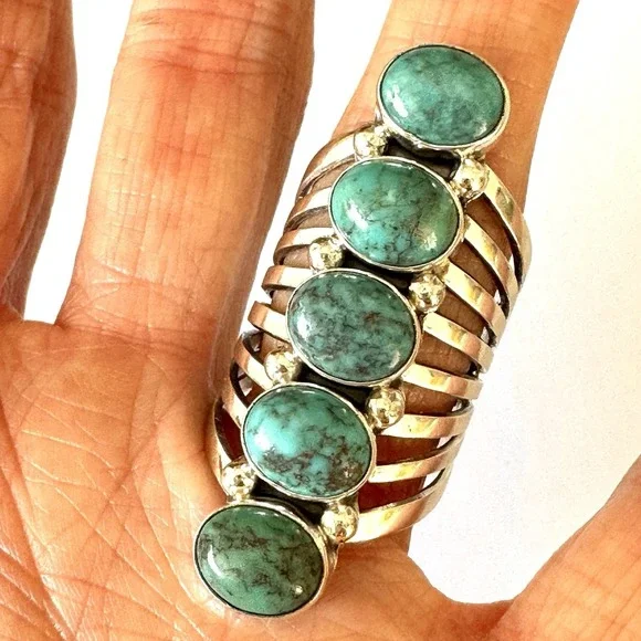 Long Navajo Ring Sz 9 Signed Yazzie Turquoise Sterling Native American 5 Stone