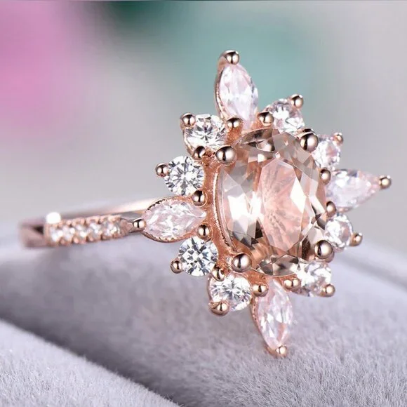💥 Sweet Super Dainty Sun Flower Oval Gemstone CZ Rings for Women, EVGG1131