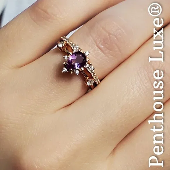 REAL Alexandrite Pear Cut 18k Rose Gold 925 Silver Ring Set