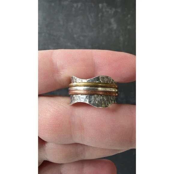 Doug Paulus 925 Hammered Silver Tricolored Spinner Ring, Size US 9 Vintage