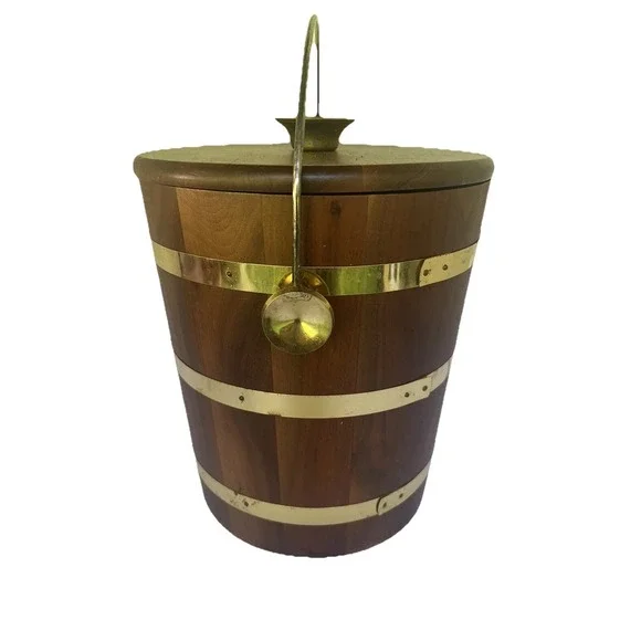 Ice Bucket Walnut Wood Vermillion Brass Vintage liner bucket‎  MCM