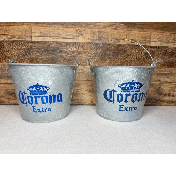 Lot Of 2 Corona Extra Beer Ice Bucket 5 Qt Galvanized Metal Party Bucket Vintage