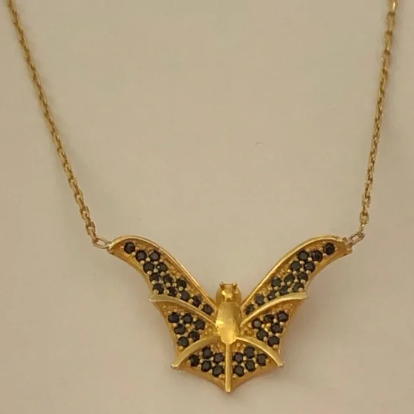 925 Silver bat necklace black cz 18k yellow gold plated