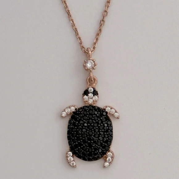 925 Silver turtle necklace black & clear cz zirconia stones 14k rose gold plated