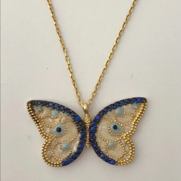 925 Silver butterfly necklace white blue evileye 18k yellow gold plated