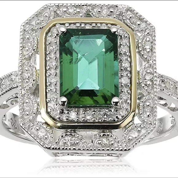 2.65 CT Emerald & CZ Double halo two tone Engagement Ring in 925 Sterling Silver