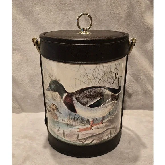 Vintage SheltonWare Mallord Duck Scene Ice Bucket‎ Faux Leather w/ Lid 10.75