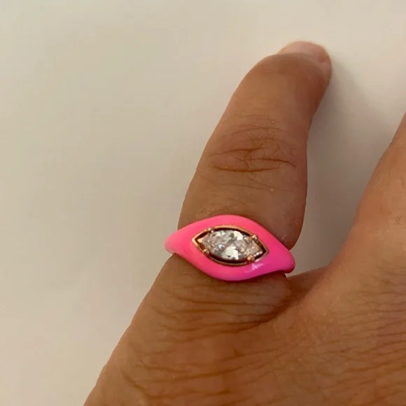 925 Silver ring pink enamel oval cz eye