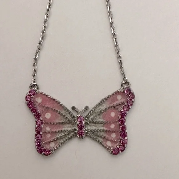 925 Silver butterfly necklace cz stones and pink white handmade enamel
