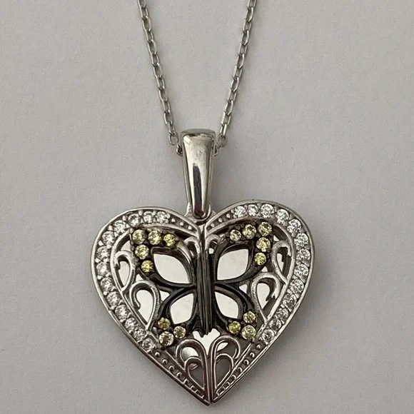 925 Silver butterfly heart initial double heart zirconia cz stones necklace