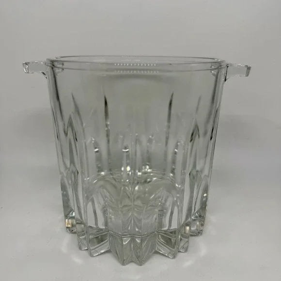 Italy Clear Glass Ice Bucket Heavy Panel Cut Starburst Base Vintage Barware