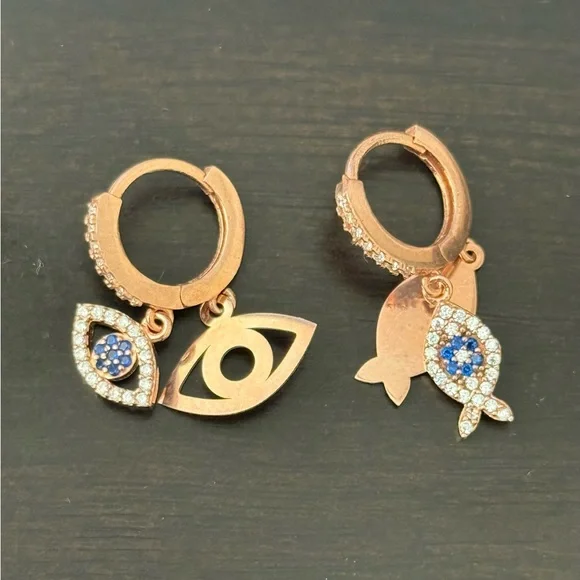 925 Silver double evileye / fish cz stones hoops earrings 14K rose gold plated