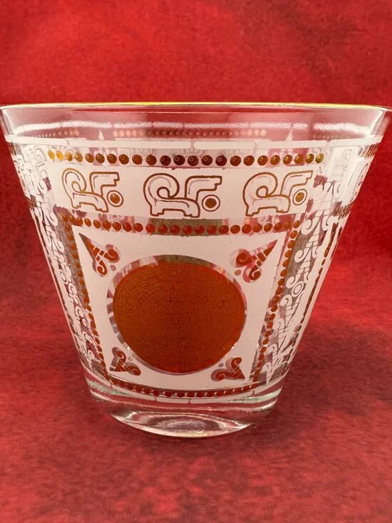 VINTAGE MID-CENTURY GLASS ICE BUCKET AZTEC SUN CALENDAR DESIGN GOLD WHITE 6 