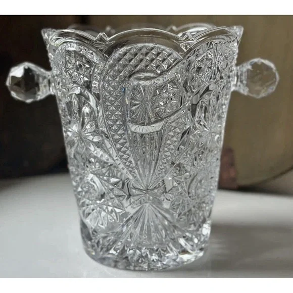 Vintage Bohemian Crystal Glass Ice Bucket Double Handle Scalloped Heavy