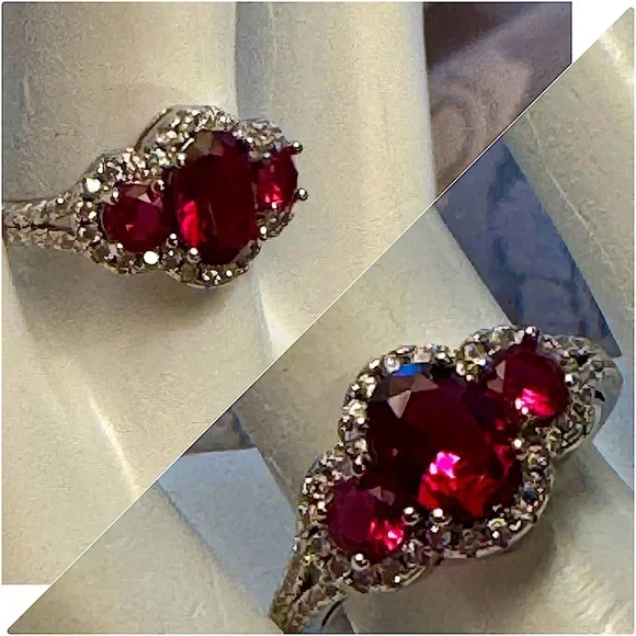 Three Oval Rubies and CZ Stones Set in 925 Sterling Silver Women’s Ring