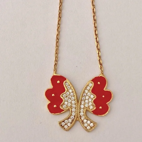 💝 925 Silver bow butterfly red enamel cz stones necklace 18K yellow gold plated