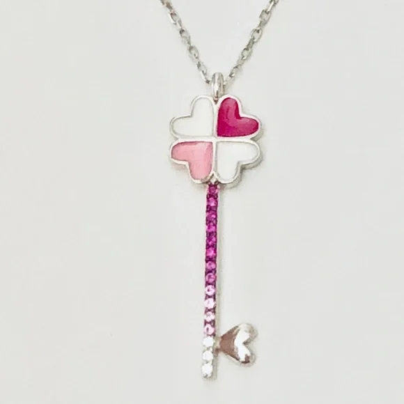 925 Silver pink heart clover key cz necklace