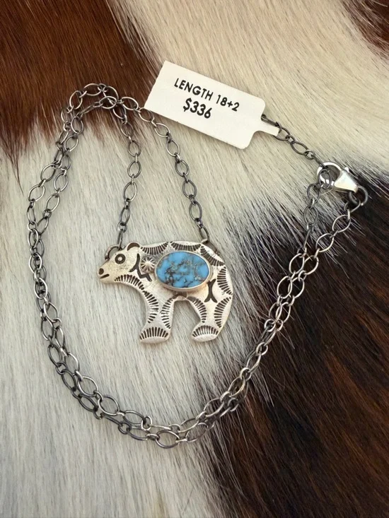 ❤️ Golden Hills Turquoise Hand Stamped Statement Bear Necklace 925 Matte 18+2”