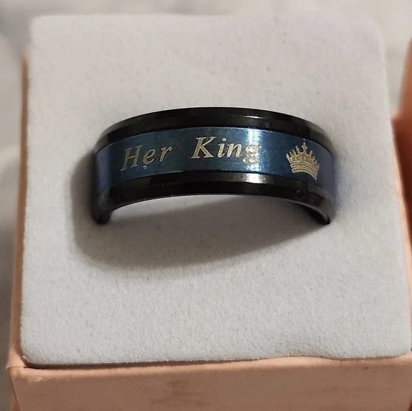 Fashion 2-Tones Her King Ring, Black Blue, Matching Couples Wedding Band Engagem