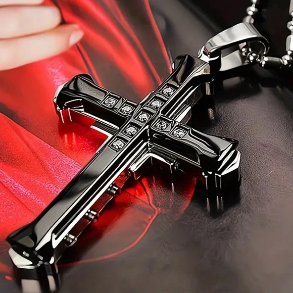 🖤 NEW Titanium Steel Black Cross Pendant Diamond Necklace
