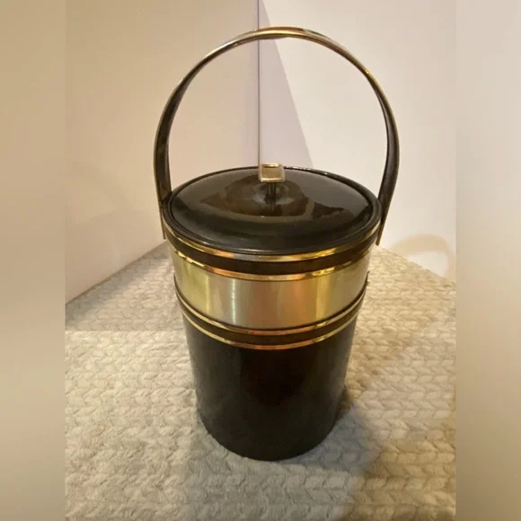 Vintage Georges Briard USA Black & Brown Leather Insulated Ice Bucket