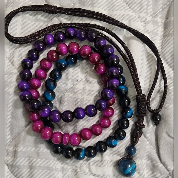 4pcs Vintage Blue Tiger Eye Bead Bracelets And Necklace Set