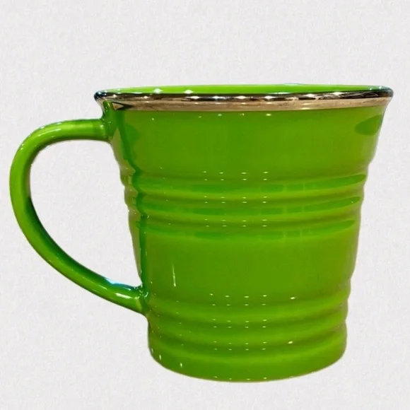 Starbucks 2007 Ribbed Green Bucket Mug 14oz Silver Rim Vintage Coffee Cup