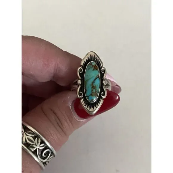Vintage Native American Bell Trading Post Sterling Silver Turquoise Ring Size 5