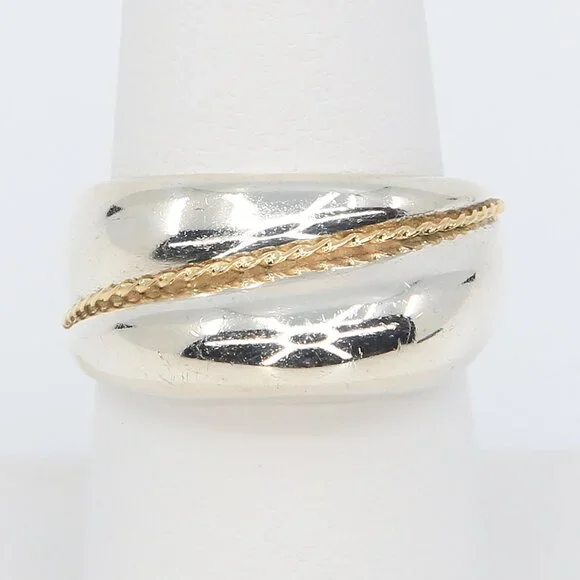 Vintage Chunky Sterling Silver With 18K Gold Twisted Rope Ring Size 6.75 1980s