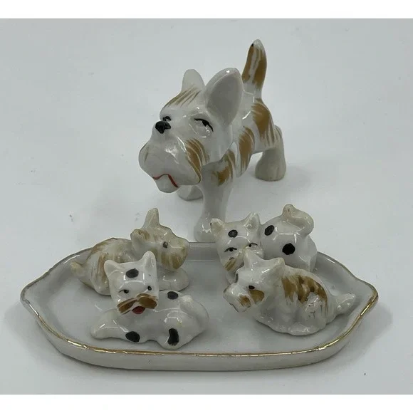 Terrier‎ Small Dog w Puppies White Brown Occupied Japan Porcelain Figurines HTF