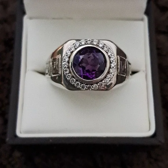 Amethyst & White Zircon Men's Ring Platinum Over Sterling Silver