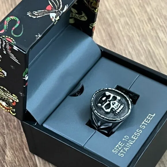 NEW Ed Hardy Skull Mens Stainless Steel Ring Sz 10