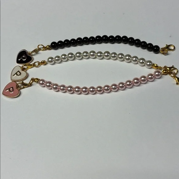 Girls Pearl Bracelet Set Pink Black White Heart Charm Initial P Gift