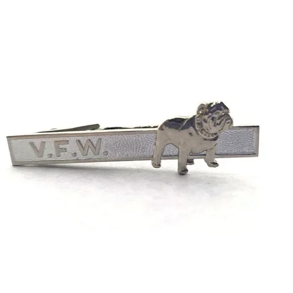 Vintage V.F.W. Bulldog Tie Clip Bar Silver Tone Metal Veteran United States
