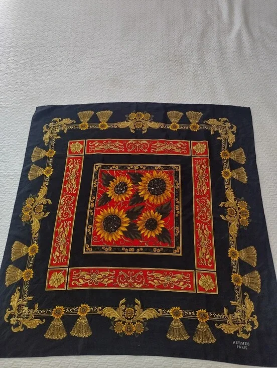 Vintage Hermes Paris Silk Scarf Sunflower Design Scarf Floral