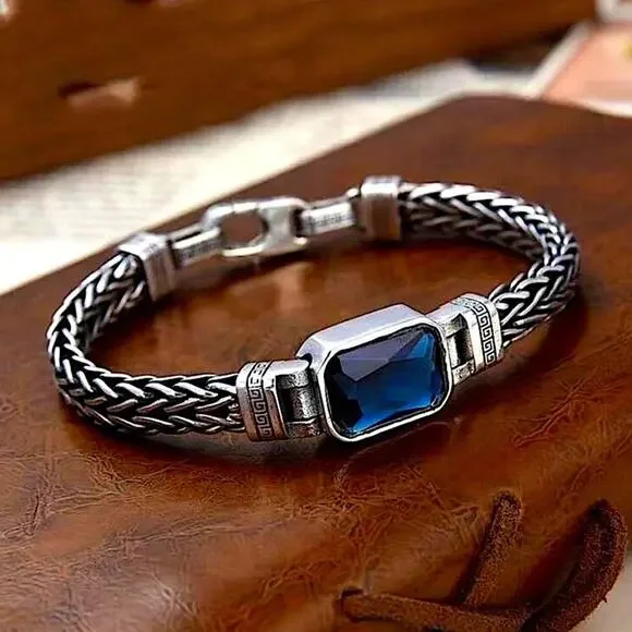 Sterling Silver Blue Zircon Braided Bracelet, Unisex, Handmade