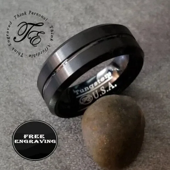 Personalized Engraved Men's Black Tungsten Wedding Ring Black Line Center Groove