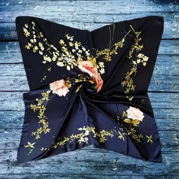 NWOT Navy Blue Floral Silk-Feel Scarf