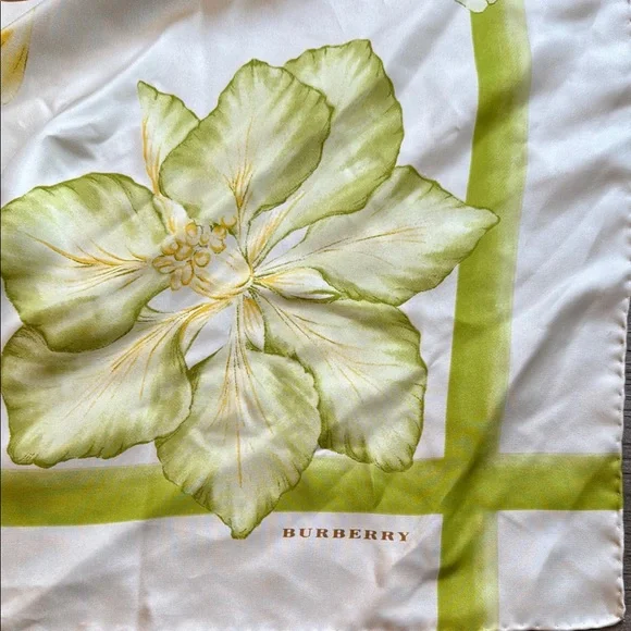 Burberry White and Light Green Floral Silk Scarf
