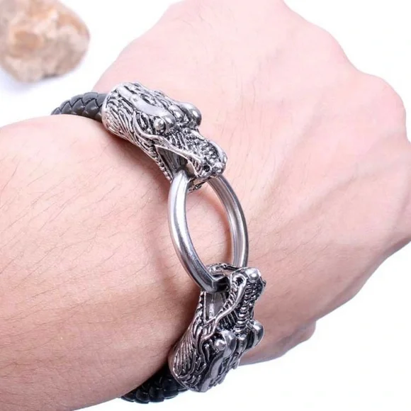 Double Python Silver Ring In Mouth Steel Black Braided Bracelet!