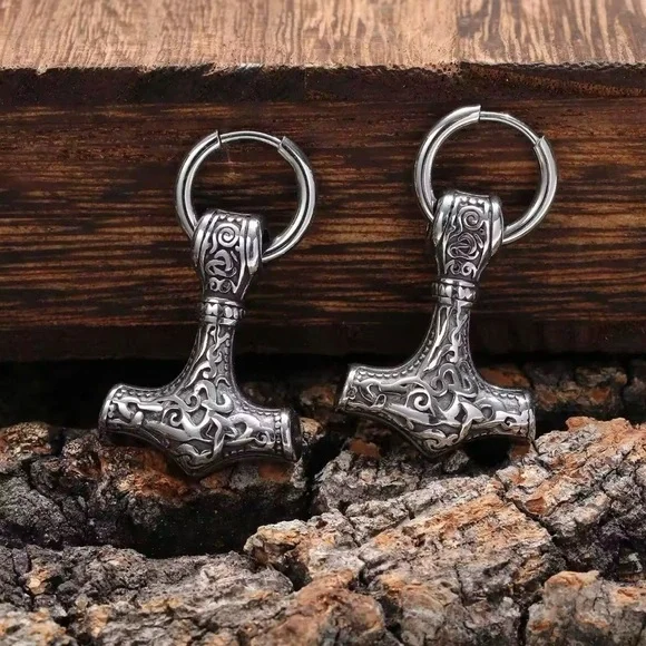 18K White Gold Mjolnir Thor’s Hammer Viking Celtic Runes Unisex Hoop Earrings