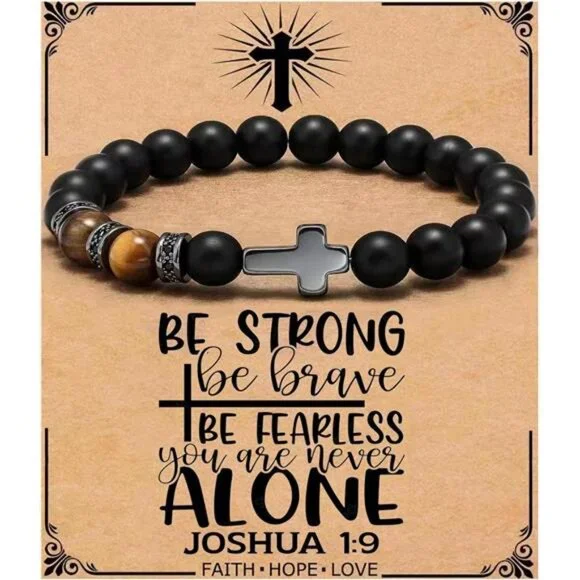 Mens Cross Bracelet Black Tiger Eye Beads Adjustable Christian Religious Gift