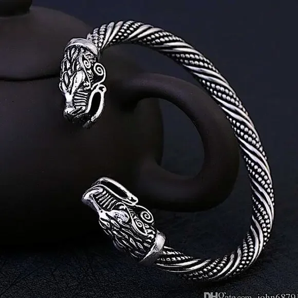 SILVER DRAGON VIKING BANGLE BRACELET
