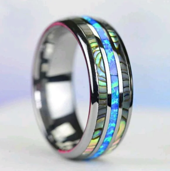 Blue Abalone Fire Opal Design Stainless Steel Wedding Ring Gift Band