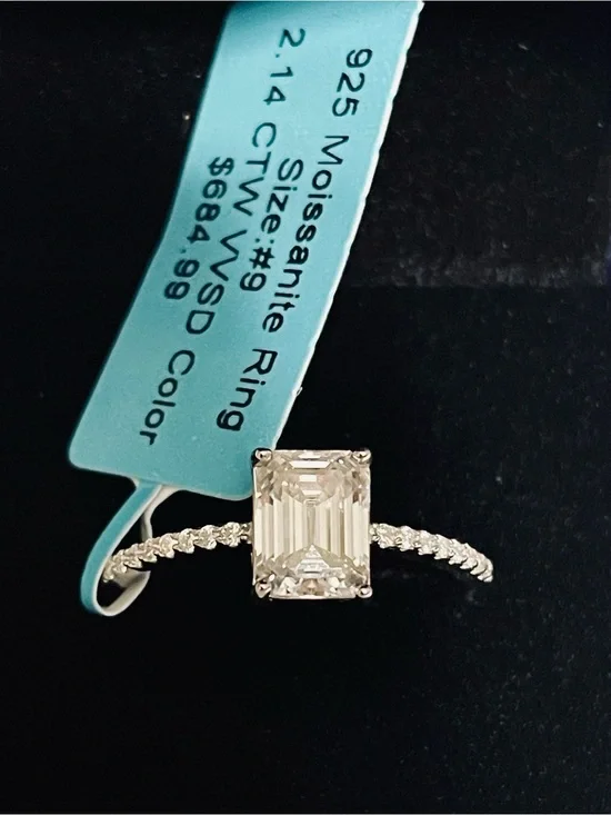 Emerald-Cut Moissanite Solitaire Ring in sterling,sz9,passes diamond tester